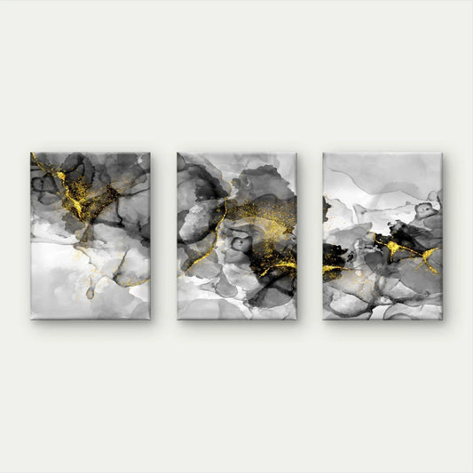 3pcs Luxury Monochrome and Gold Glitter Ink Wall Art Set Canvas Framed 60x90cm - High Quality Print 100% Australian Made Wall Canvas Ready to Hang