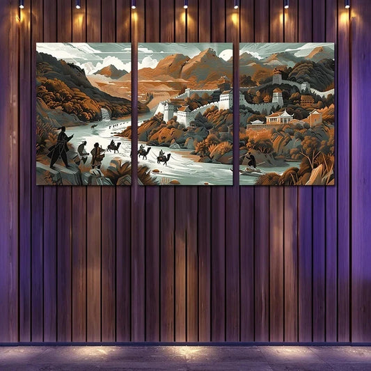 3pcs Great Wall of China Illustration Metal Print Ready to Hang Art