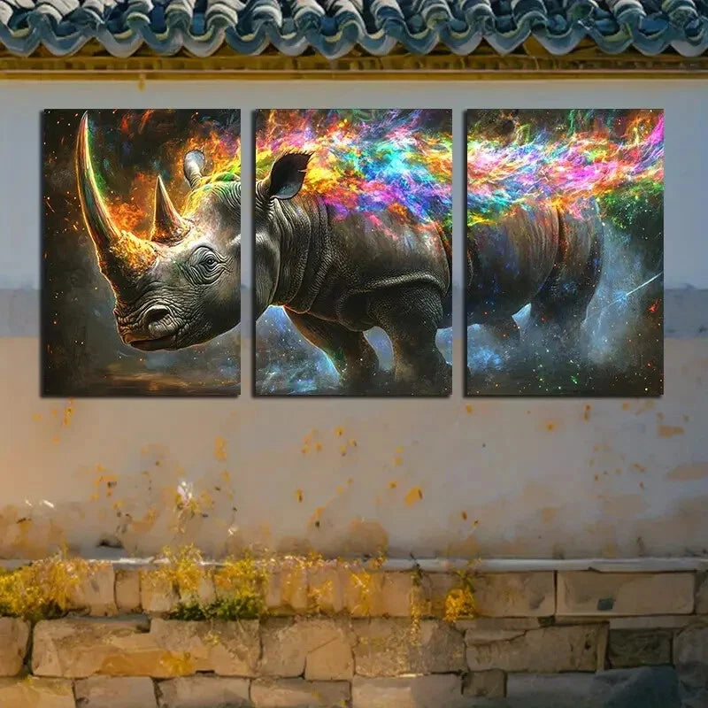 3pcs Modern Vibrant Rhinoceros Design Metal Print Ready to Hang Art