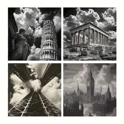 4pcs Leaning Tower Of Pisa Paintings Wall Art Canvas Framed