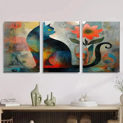 3pcs Abstract Cat Flower Wall Art Set Canvas Framed 50x70cm - High Quality Print 100% Australian Made Wall Canvas Ready to Hang