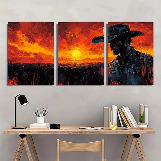 3pcs Old Timey Wild West Cowboy Oil Painting Metal Print Ready to Hang Art