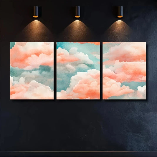 3pcs Summer Rainbow Clouds Coral & Mint Metal Print Ready to Hang Art