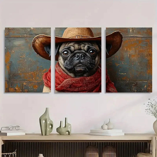 3pcs Playful Pug Cowboy Western Dog Painting Metal Print Ready to Hang Art