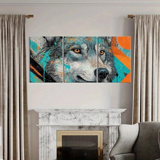 3pcs Abstract Wolf Vibrant Colors Urban Style Metal Print Ready to Hang Art