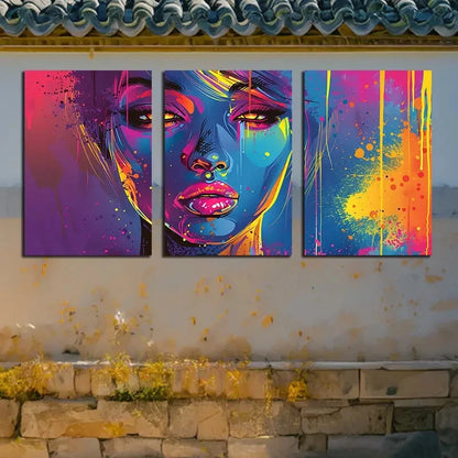 3pcs Vibrant Splash Paint Woman Portrait Metal Print Ready to Hang Art