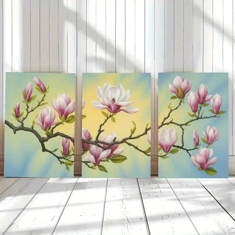 3pcs Serene Pink & White Magnolia Branches Metal Print Ready to Hang Art