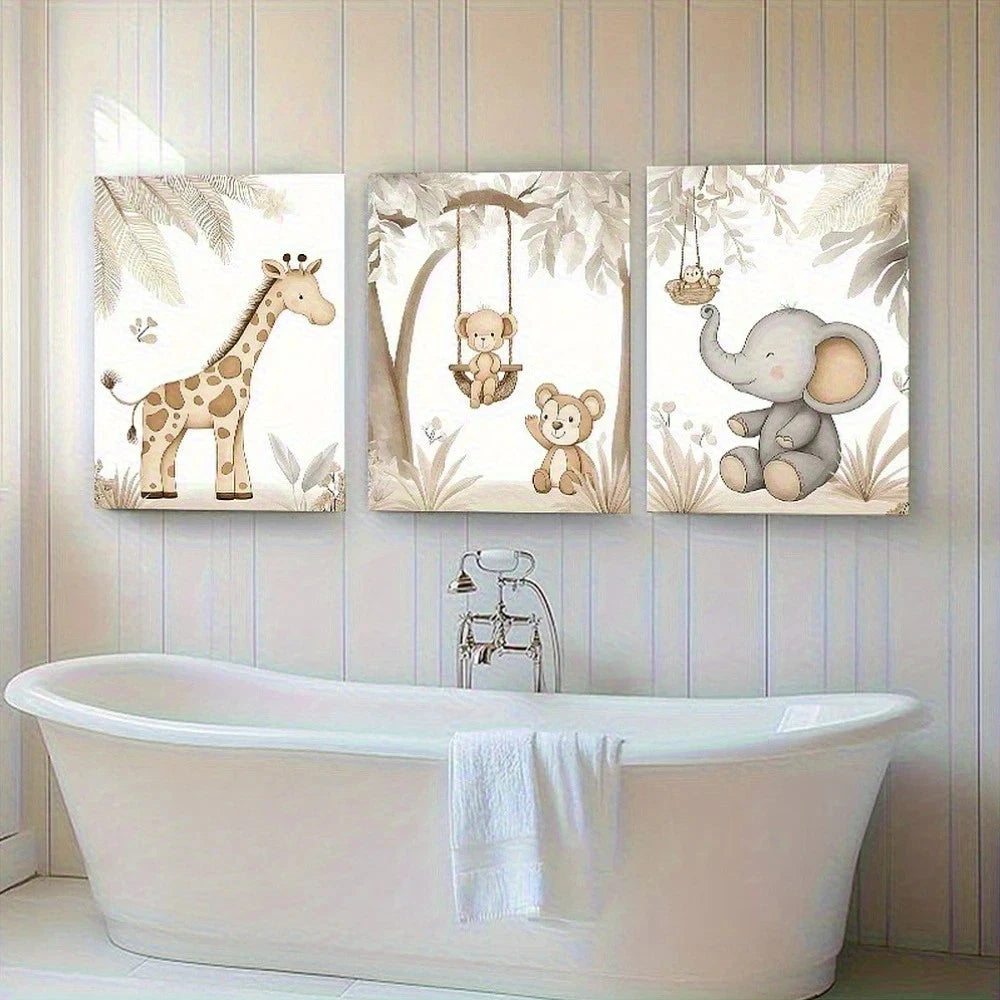 3pcs Anima Giraffe Elephant & Monkey Metal Print Ready to Hang Art