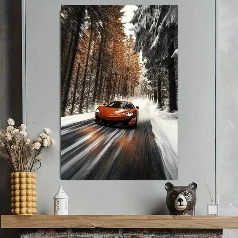 Sports Car Winter Snow Scene Classic Motion Art Poster 40x60cm Metal Print Ready to Hang