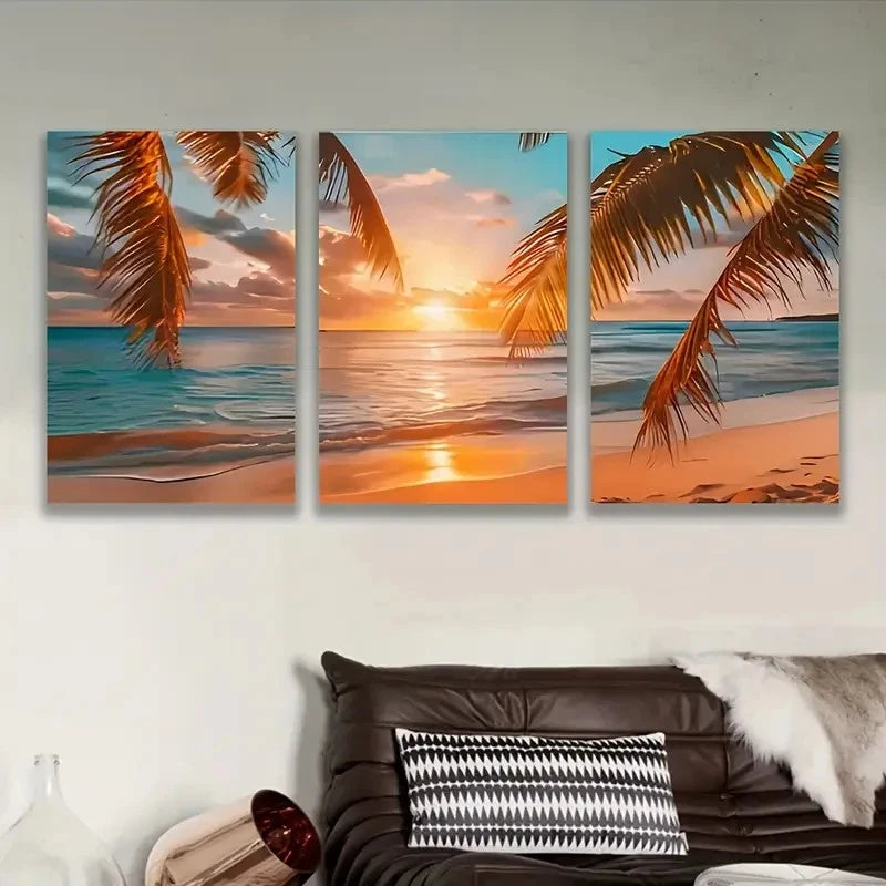 3pcs Sunset Beach Palm Scene Wall Art Set Canvas Framed 60x90cm - High Quality Print 100% Australian Made Wall Canvas Ready to Hang