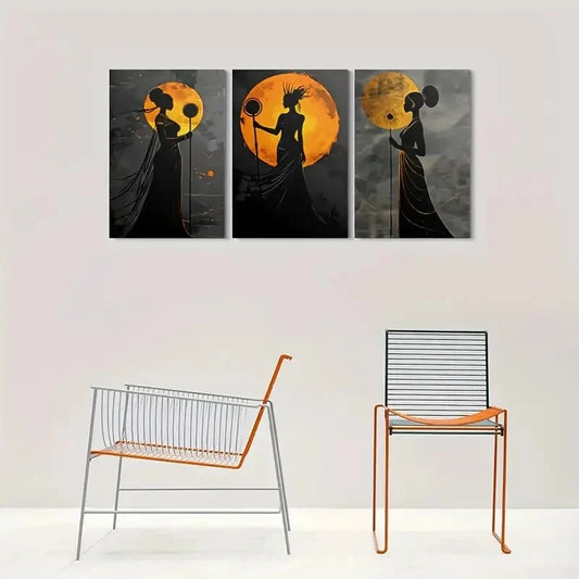 3pcs Modern Abstract Golden Moonlit Silhouette Metal Print Ready to Hang Art