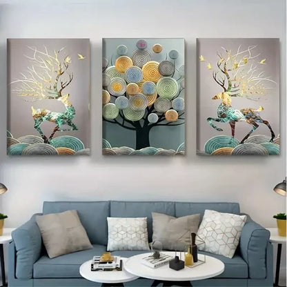 3pcs Abstract Chinese Feng Shui Golden Rich Tree Wall Art Set Canvas Unframed - High Quality Print 100% Australian Made Wall Canvas