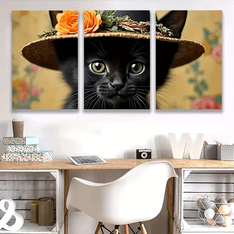 3pcs Black Cat in Straw Hat S Wall Art Set Canvas Framed 40x60cm - High Quality Print 100% Australian Made Wall Canvas Ready to Hang