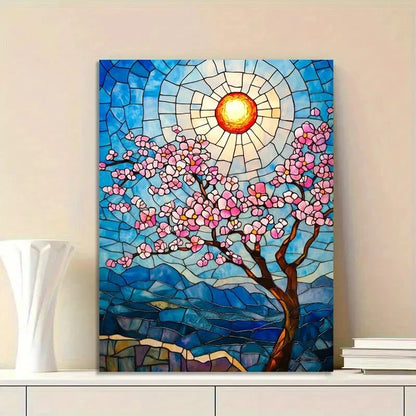 Cherry Blossom Tree Pink Flowers And Sunset Landscape 40x60cm Metal Print Ready to Hang