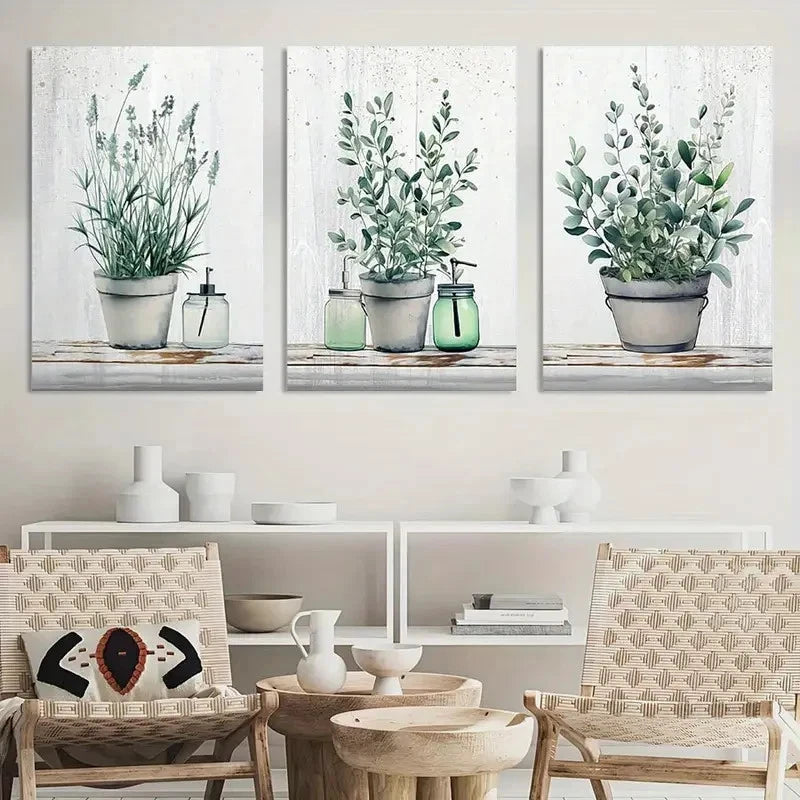 3pcs Plant-Inspired Design with White Pots & Green Metal Print Ready to Hang Art