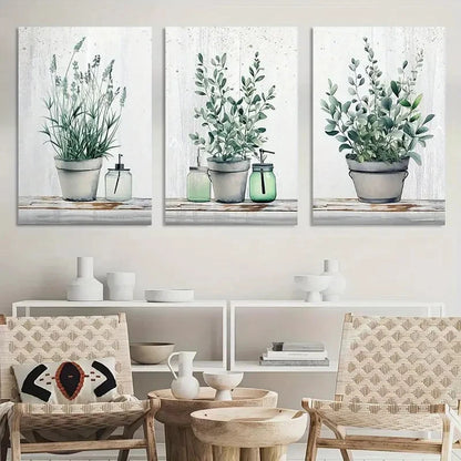 3pcs Plant-Inspired Design with White Pots & Green Metal Print Ready to Hang Art