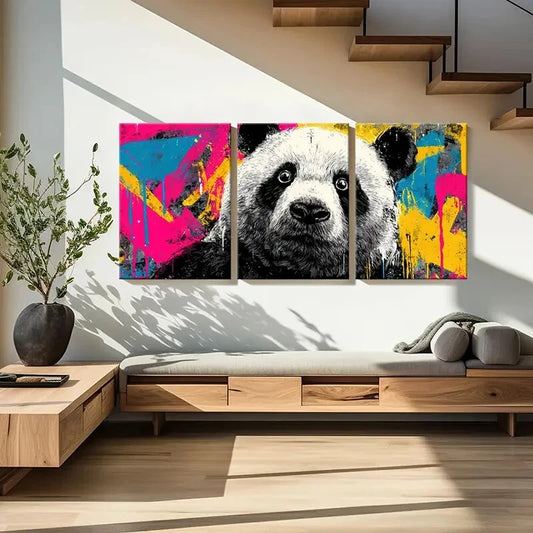3pcs Panda Art Graffiti Style Vibrant Colors Metal Print Ready to Hang Art