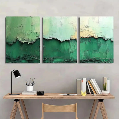 3pcs Minimalist Abstract Green & White Textured Metal Print Ready to Hang Art