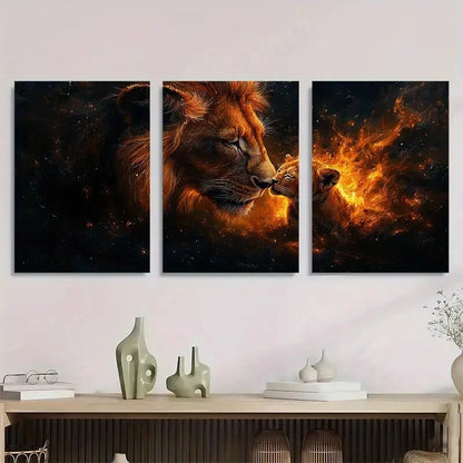3pcs Lion Mother & Cub Design Vibrant Orange Metal Print Ready to Hang Art