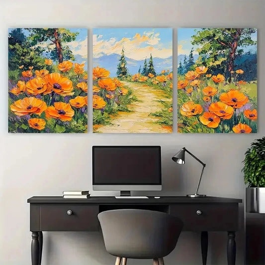 3pcs California Poppies Floral Pathway Landscape Metal Print Ready to Hang Art
