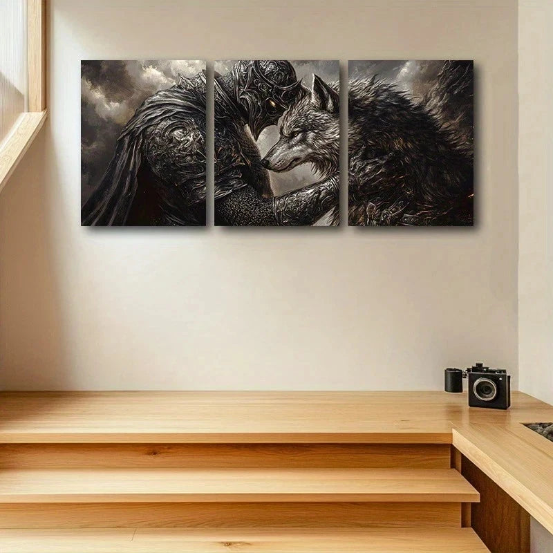 3pcs Wolf Companions Armor Black and White Metal Print Ready to Hang Art