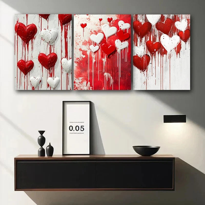 3pcs Red and White Hearts Dripping with Paint Metal Print Ready to Hang Art