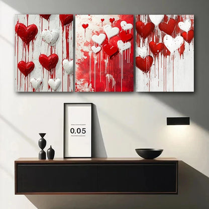 3pcs Red and White Hearts Dripping with Paint Metal Print Ready to Hang Art