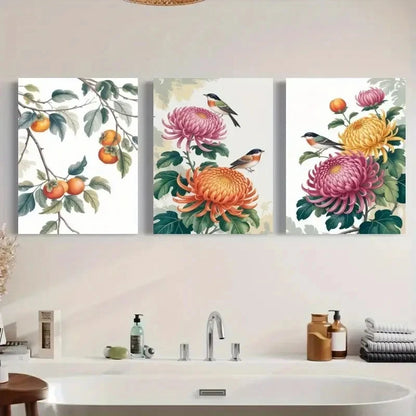 3pcs Chrysanthemum Persimmon Songbird Metal Print Ready to Hang Art