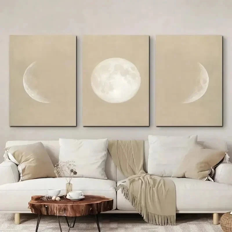 3pcs Bohemian Cream White Moon Metal Print Ready to Hang Art