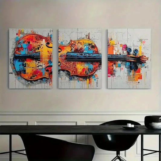 3pcs Violin Colorful Splashes and Patterns Metal Print Ready to Hang Art