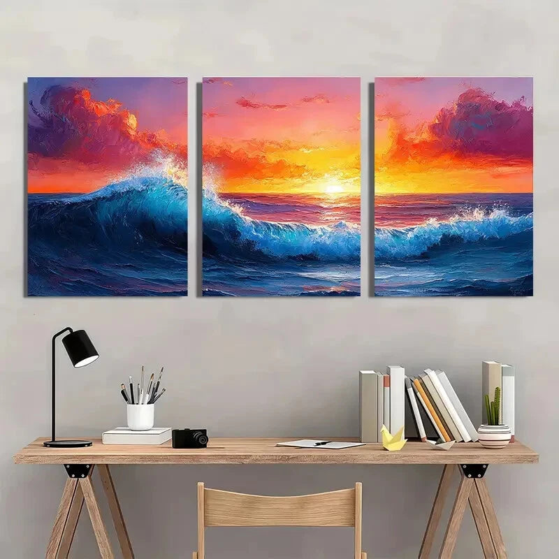 3pcs Vibrant Sunset Sea Landscape Art Metal Print Ready to Hang Art