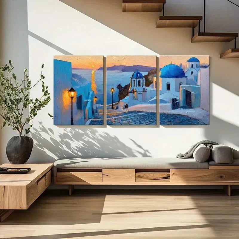 3pcs Santorini Sunset Blue Domes & White Buildings Metal Print Ready to Hang Art
