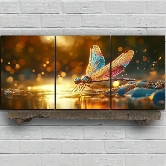 3pcs Featuring Dragonflies on Stone Metal Print Ready to Hang Art