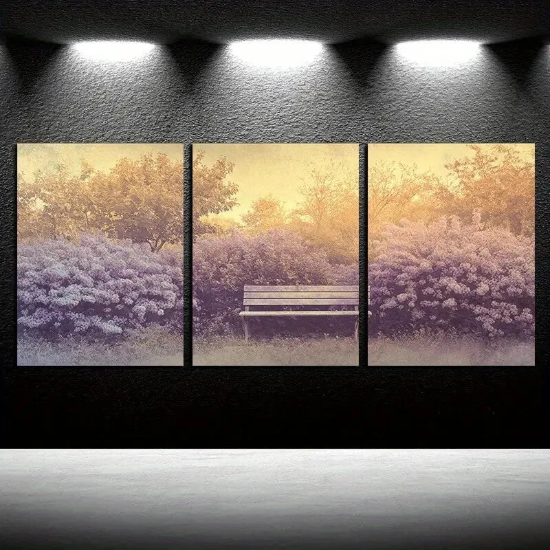 3pcs The Purple Bench in The Forest Neutral Design Metal Print Ready to Hang Art