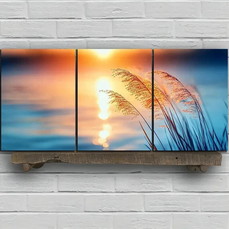 3pcs Reeds By The Lake Sunset Metal Print Ready to Hang Art