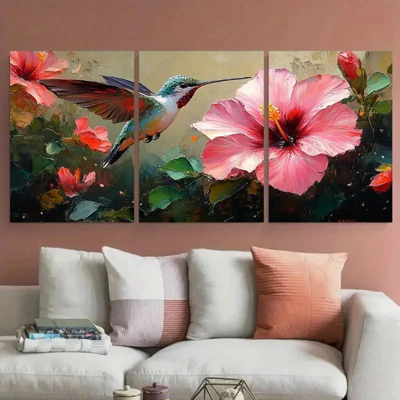 3pcs Hummingbird Hibiscus Florals Impasto Design Metal Print Ready to Hang Art