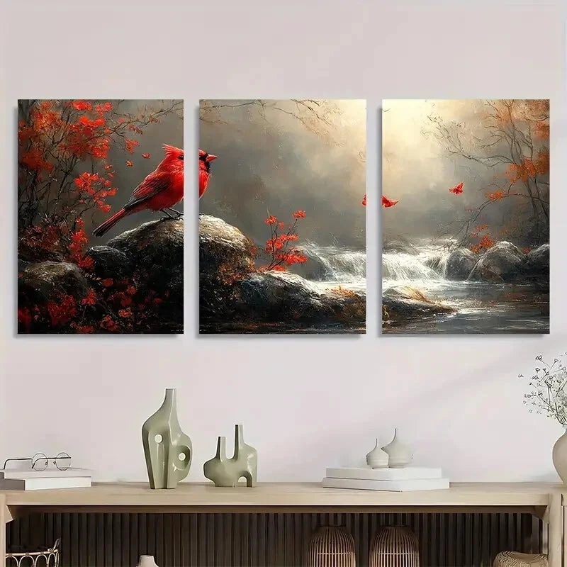 3pcs Autumn Red Leaves & Waterfalls Metal Print Ready to Hang Art