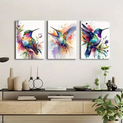3pcs Watercolor Hummingbird & Flowers Canvas Framed 60x90cm - High Quality Print 100% Australian Made Wall Canvas Ready to Hang