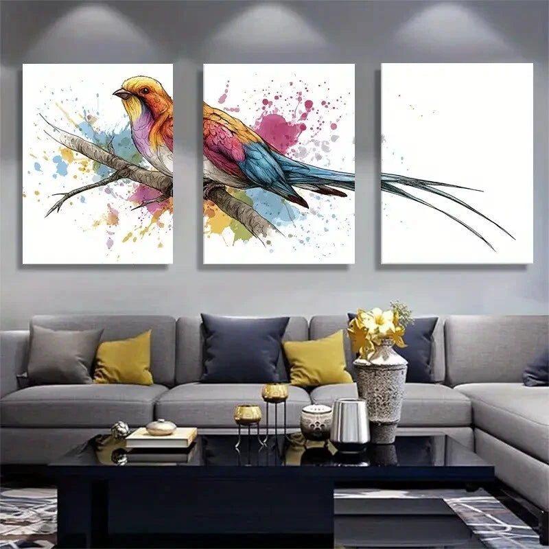 3pcs Vibrant Long-Tail Bird Watercolor Splatter Metal Print Ready to Hang Art