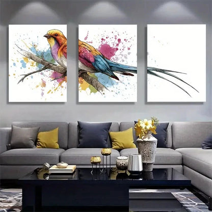 3pcs Vibrant Long-Tail Bird Watercolor Splatter Metal Print Ready to Hang Art