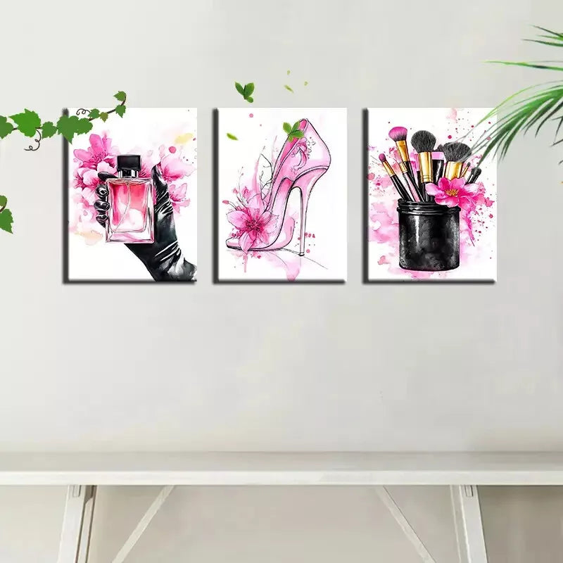 3pcsChic Ladies Fashion with Pink Cosmetics Wall Art Set Canvas Framed 50x70cm - High Quality Print 100% Australian Made Wall Canvas Ready to Hang - Bella Home Decor