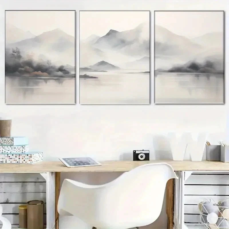 3pcs Tranquil Mountain Fog Watercolor Landscape Metal Print Ready to Hang Art