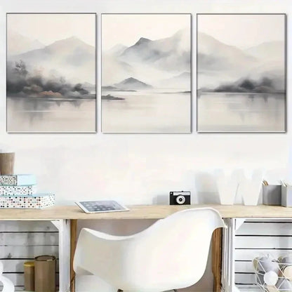 3pcs Tranquil Mountain Fog Watercolor Landscape Metal Print Ready to Hang Art