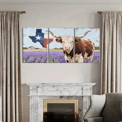3pcs Texas Flag Longhorn Cow Lavender Field Metal Print Ready to Hang Art