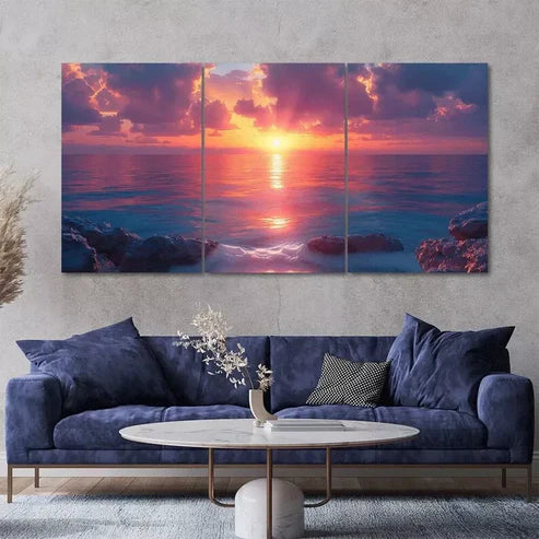 3pcs Vibrant Ocean Sunset Wall Art Canvas Unframed - High Quality Print 100% Australian Made Wall Canvas