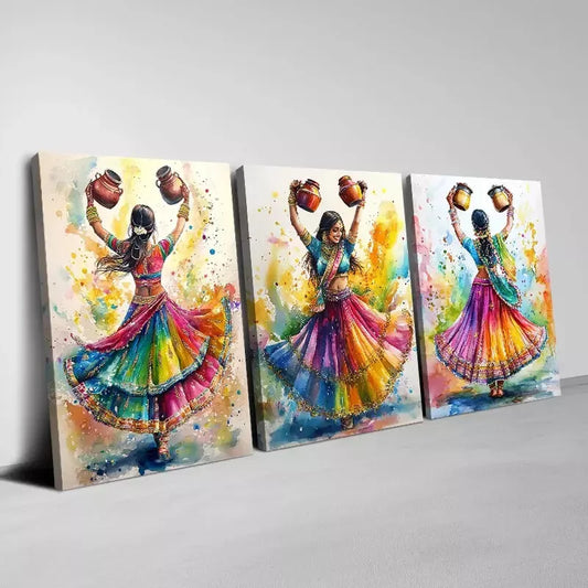 3pcs Indian Women Traditional Dance Painting Wall Art Set Canvas Framed 40x60cm - High Quality Print 100% Australian Made Wall Canvas Ready to Hang