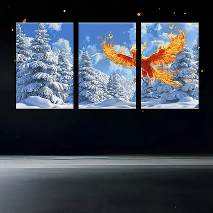 3pcs Vibrant Ice and Fire Phoenix Illustration Metal Print Ready to Hang Art