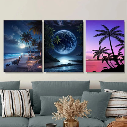 3pcs Coastal Sunset Beach & Moonlit Sky Metal Print Ready to Hang Art