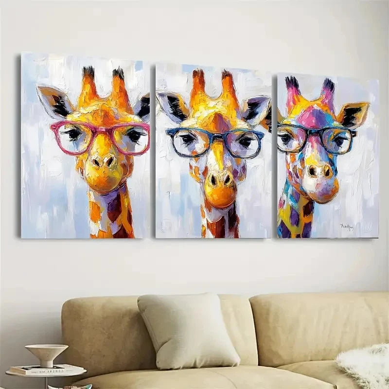 3pcs Colorful Giraffe With Glasses Wall Art Set Canvas Framed 50x70cm - High Quality Print 100% Australian Made Wall Canvas Ready to Hang