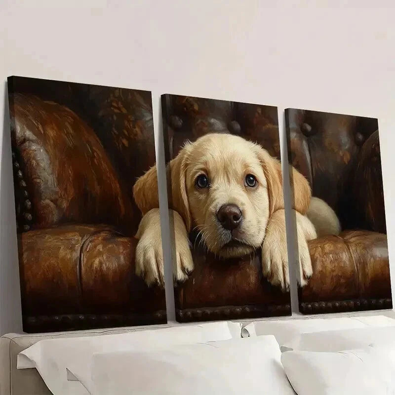 3pcs Adorable Puppy on Couch Decoration Wall Art Set Canvas Framed 40x60cm - High Quality Print 100% Australian Made Wall Canvas Ready to Hang